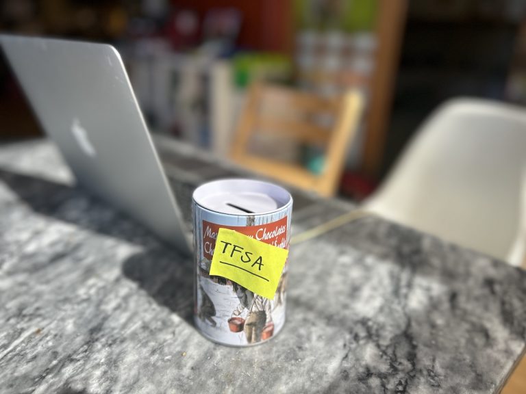 Canadian maple syrup piggy bank labeled “TFSA”